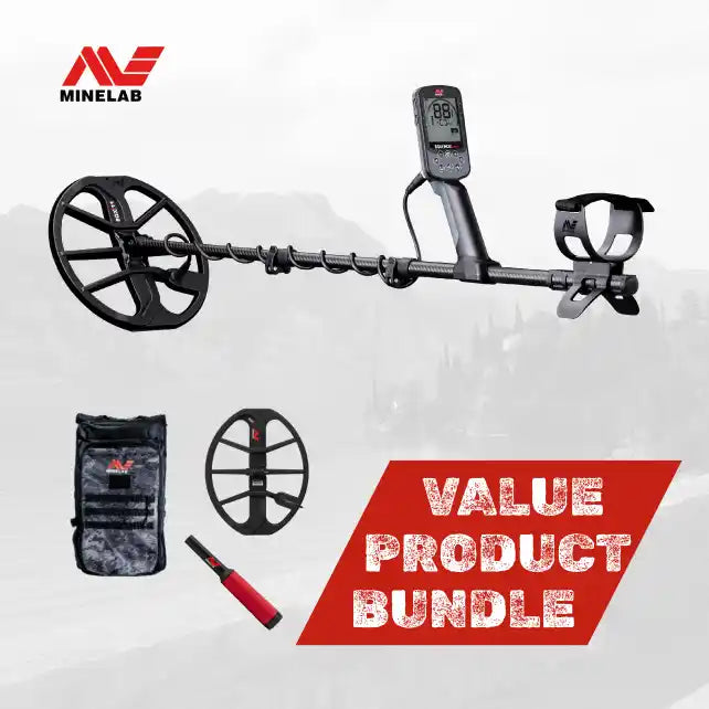 Minelab metal detector with accessories on a white background, featuring the Minelab logo.