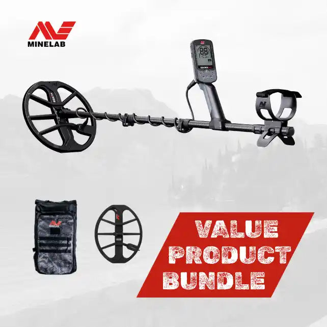Minelab metal detector with accessories on a white background, featuring the Minelab logo.