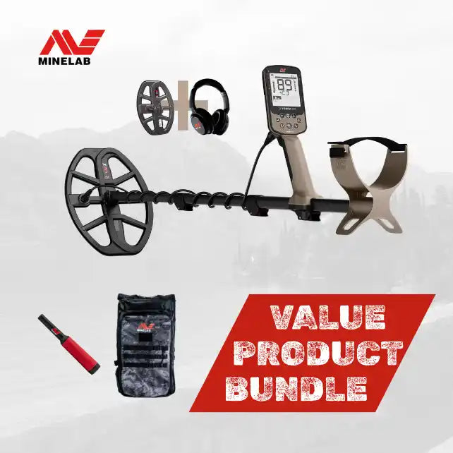 Metal detector with accessories on a white background, featuring Minelab logo.