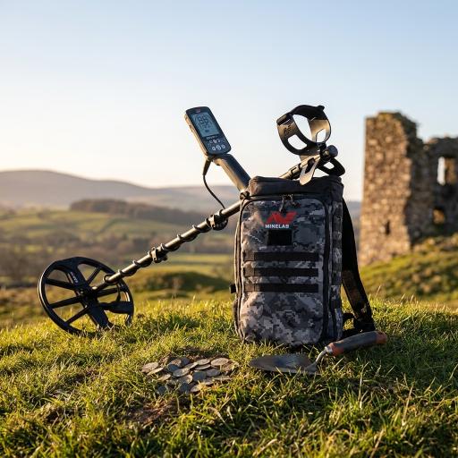 Metal detector and backpack on grass with ruins in the background