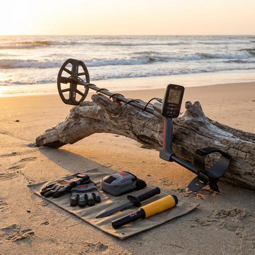 Metal detector and accessories on a sandy beach