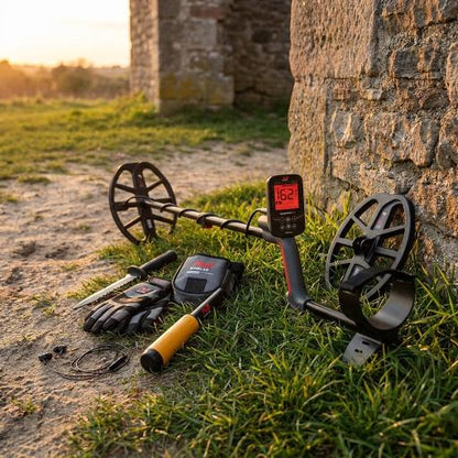 Metal detector and accessories on grass with a stone wall behind it