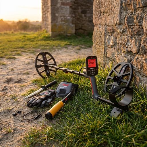 Metal detector and accessories on grass with a stone wall behind it