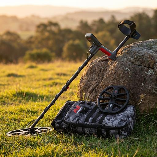 Metal detector and accessories in grassy field leaning against a rock