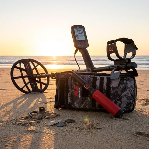 Metal detector and accessories on a sandy beach with coins nearby during sunset.