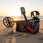Metal detector and accessories on a sandy beach with coins nearby during sunset.