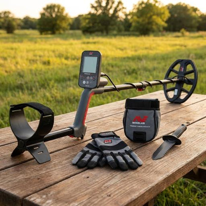 Metal detector and accessories on picnic table in grassy field