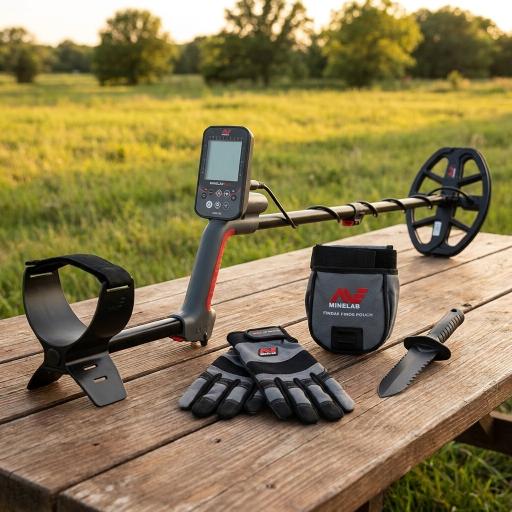 Metal detector and accessories on picnic table in grassy field