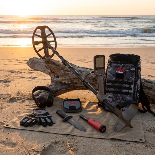 Metal detector and accessories on a beach