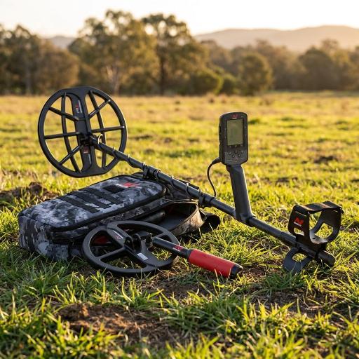 Metal detector on grass with accessories with a scenic background