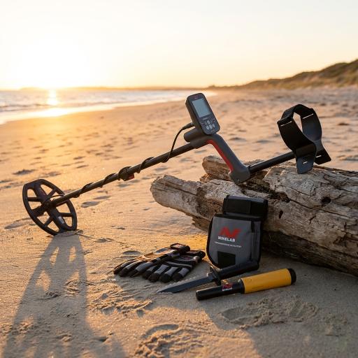 Metal detector and accessories on a sandy beach