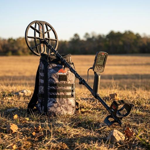 Metal detector with a backpack in a field
