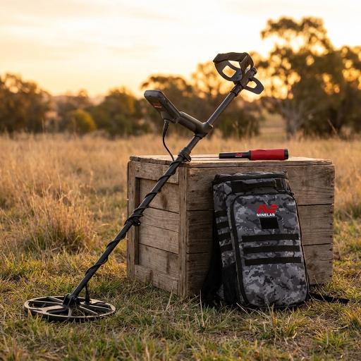 Metal detector with carrying case on a wooden crate in a field at sunset