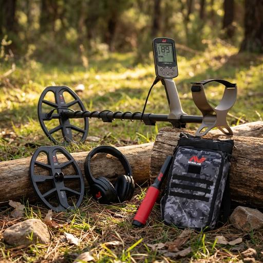 Metal detector and accessories on log with a forest in the background