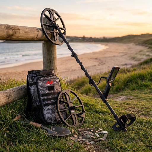 Metal detector with finds on a grassy area near a beach at sunset