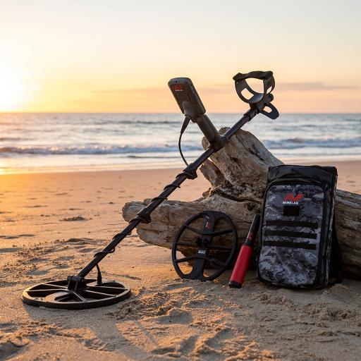 Metal detector and backpack on a beach with sunset in the background