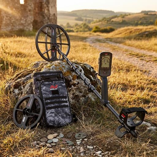Metal detector on a grassy field with a scenic background