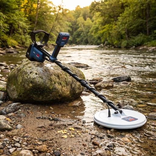 Metal detector on a rock by a river with trees in the background