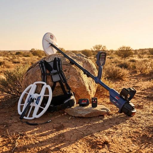 Metal detector and accessories on a rock in a desert setting