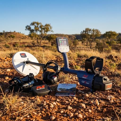 Metal detector on a dirt surface with a natural landscape in the background