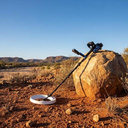 Metal detector on a rock in a desert landscape with mountains in the background