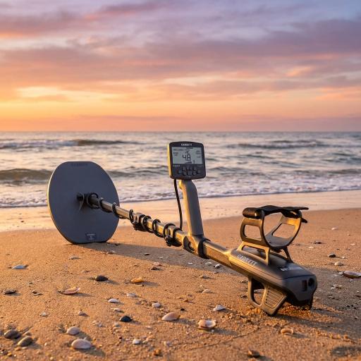 Metal detector on a beach with a sunset sky