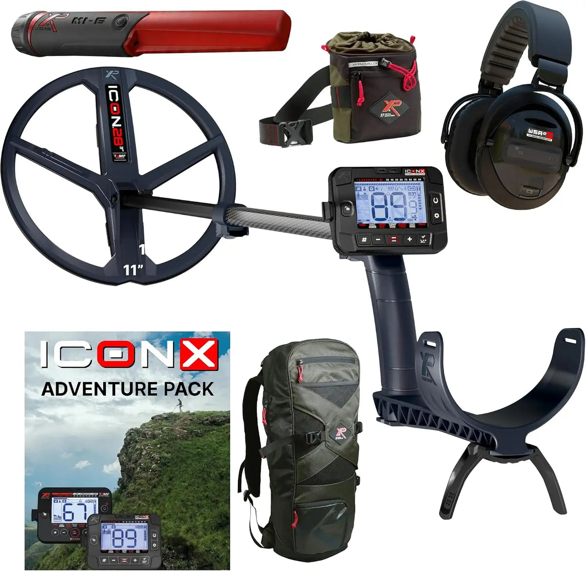 XP ICON-X Adventure Package metal detector kit with headphones, MI-6 pinpointer, backpack and finds pouch