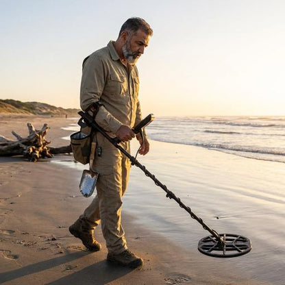 Man with a metal detector on a beach at sunset