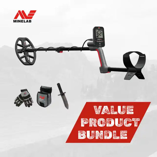 Minelab metal detector with accessories on a white background, featuring the Minelab logo.