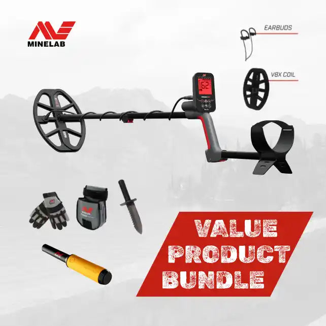 Minelab metal detector with accessories on a white background, featuring the Minelab logo.