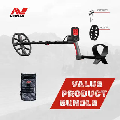 Minelab value product bundle with metal detector, earbuds, and accessories on a white background.