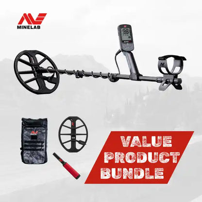 Minelab metal detector with accessories on a white background, featuring the Minelab logo.