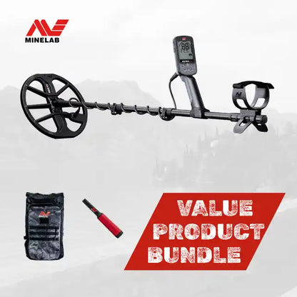 Minelab metal detector with accessories on a white background, featuring the Minelab logo.