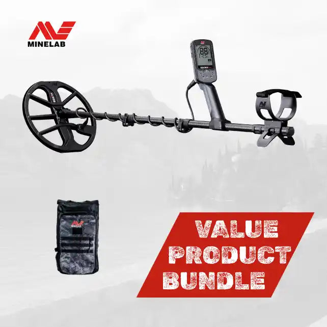 Minelab metal detector with carrying case on a white background, featuring the Minelab logo.