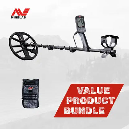 Minelab metal detector with carrying case on a white background, featuring the Minelab logo.