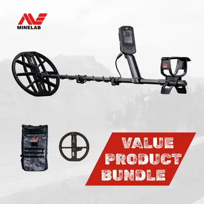 Minelab metal detector with accessories on a white background, featuring the Minelab logo.