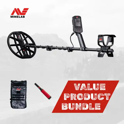 Metal detector with accessories on a white background, featuring the Minelab logo.