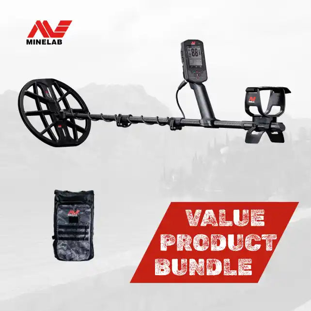 Minelab metal detector with carrying case on a white background