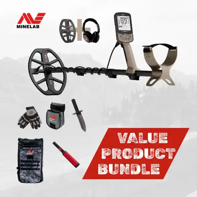 Metal Detector with accessories on white background with Minelab Logo.