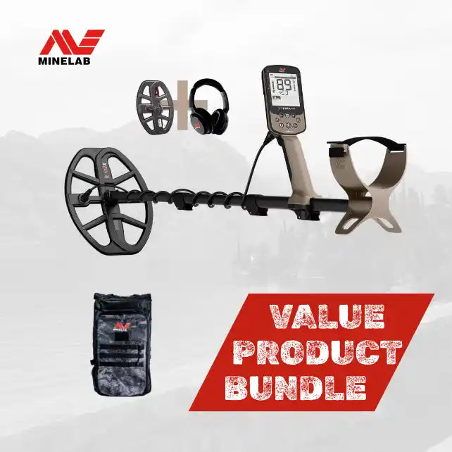 Metal detector with headphones and pouch labeled 'Value Product Bundle' on a white background