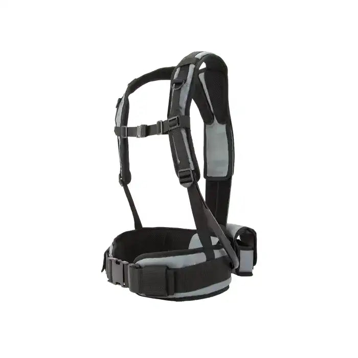 Black and gray support harness on a white background