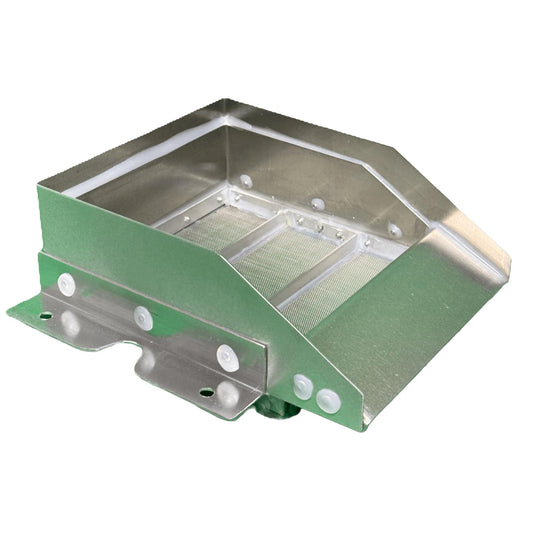 Metallic filter housing on a white background