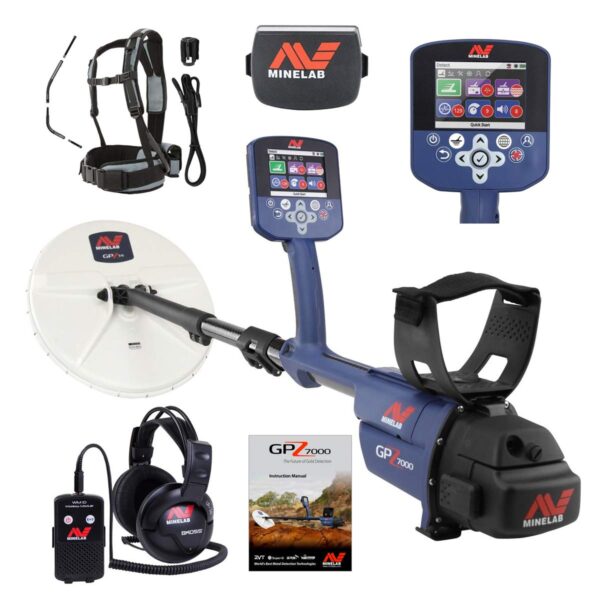 Minelab metal detector with accessories on a black background