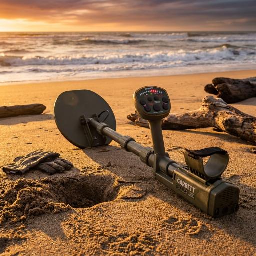 Metal detector on a beach with sunset in the background